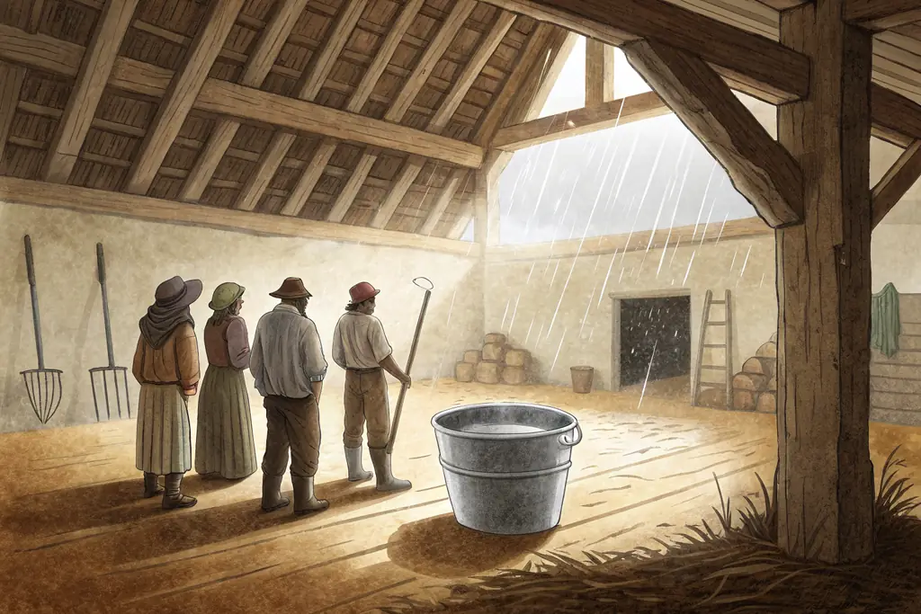 Rain pours through an open stretch of a collective-farm barn roof. Four peasants stand with their backs to us near a tin bucket; a ladder leans unused against the far wall.