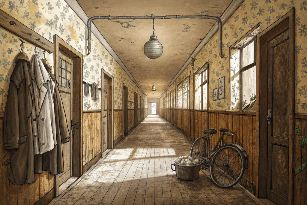 A long kommunalka hallway in sepia: shut doors down both sides, coats on a hook rail, a washtub and a bicycle, and an unlit lamp hanging from the ceiling.