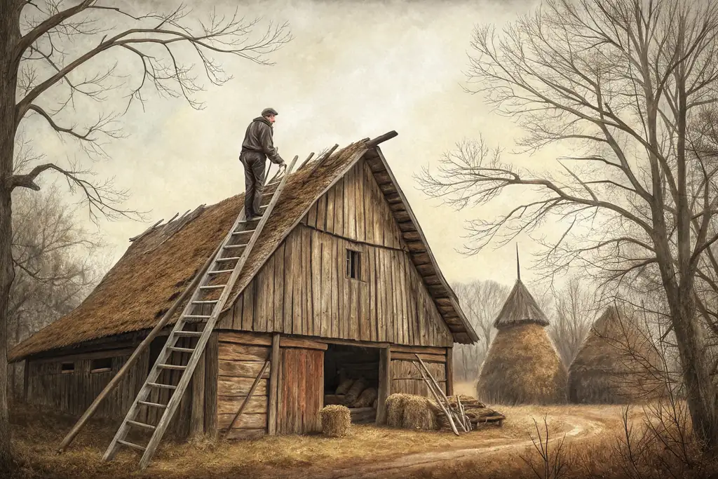One man in a cap stands at the top of a long ladder on a sagging thatched barn roof, with haystacks and bare trees beside the barn.